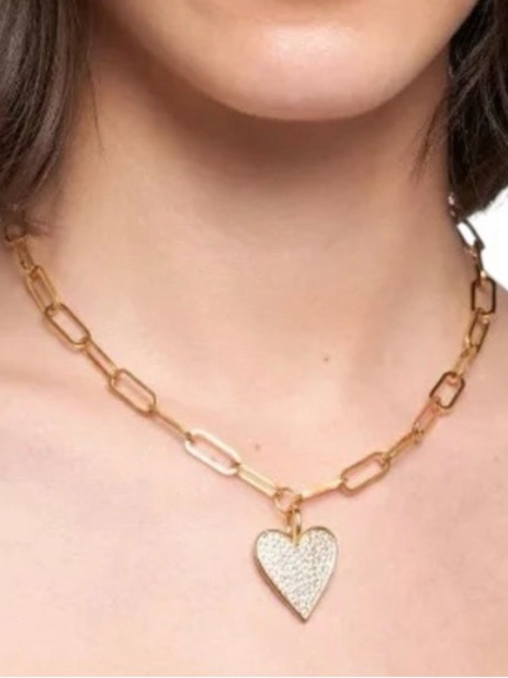 Adornia 14k Gold Plated Adjustable Chunky Paperclip Link Pave Heart Necklace
